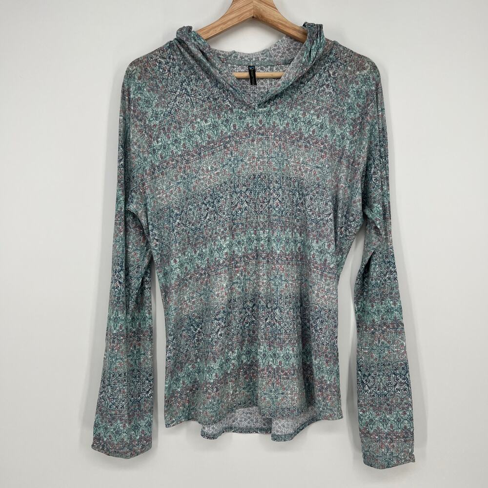 Kuhl Sun Hoodie Women Large Blue Pink Mix Print Lightweight Long Sleeve Pullover